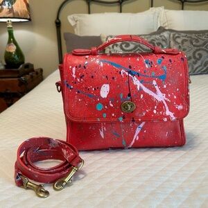 Vintage Coach Court Red Custom Paint Splatter Shoulder Bag Satchel Pollock-esque